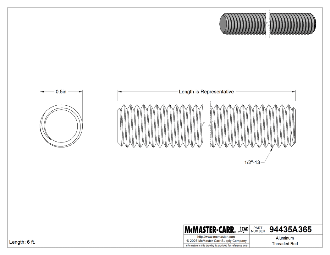 Technical Drawing of Aluminum Threaded Rod, 1/2"-13 Thread Size, 6 Feet Long.